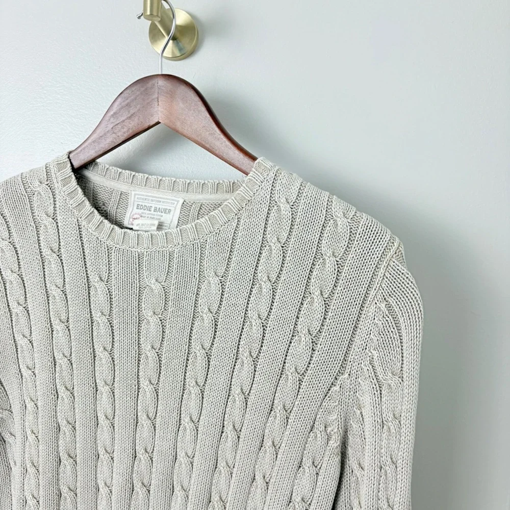 VTG Eddie Bauer Cotton Sweater Fisherman Beige‎ Cable Knit Men's L Classic TSITP - Picture 3 of 10